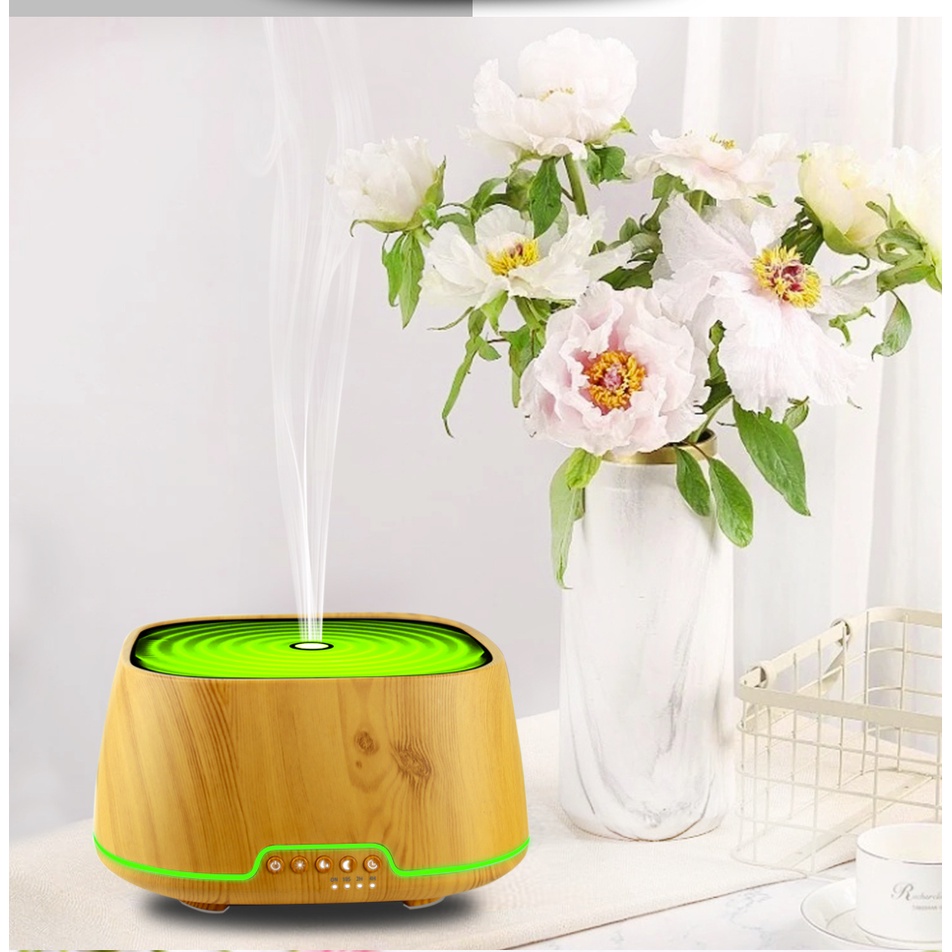 Máy xông tinh dầu trụ gỗ vuông 650ml tạo độ ẩm phòng với hiệu ứng đèn led siêu đẹp kết hợp chế độ ngủ êm ái