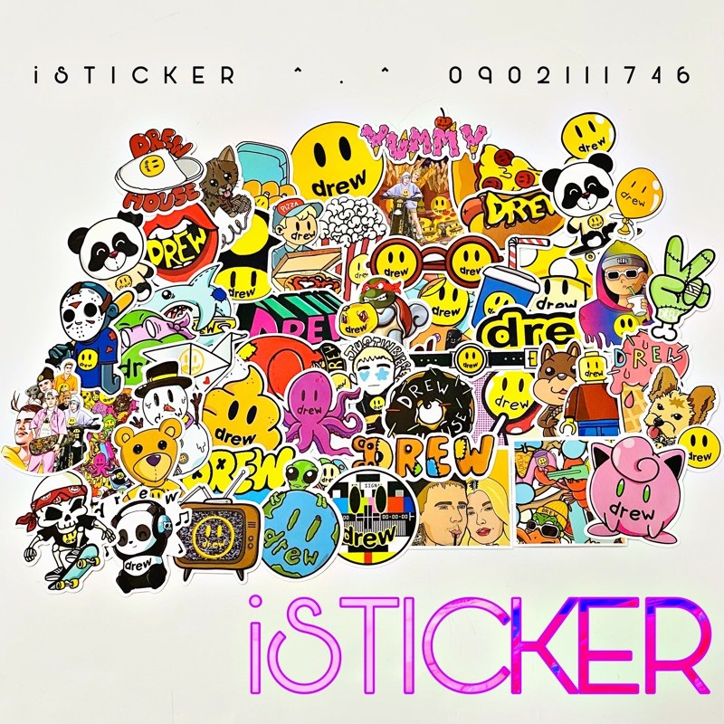 💖Set 50 c&aacute;i💖 Sticker cute DREW HOUSE chất liệu pvc nh&aacute;m cao cấp chống thấm d&aacute;n vali, laptop, mũ bảo hiểm, điện thoại,...