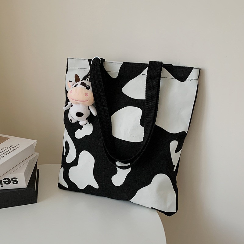 Túi Tote Đeo Vai Vải Canvas Họa Tiết Bò Sữa Dễ Thương Kiểu Nhật Bản 2021