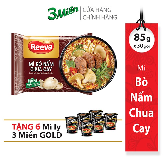 Thùng Mì Gói Reeva Bò Nấm Chua Cay 85g x 30 gói [Tặng kèm thêm 06 Mì Ly 3 Miền Gold Tôm Chua Cay Đặc Biệt]