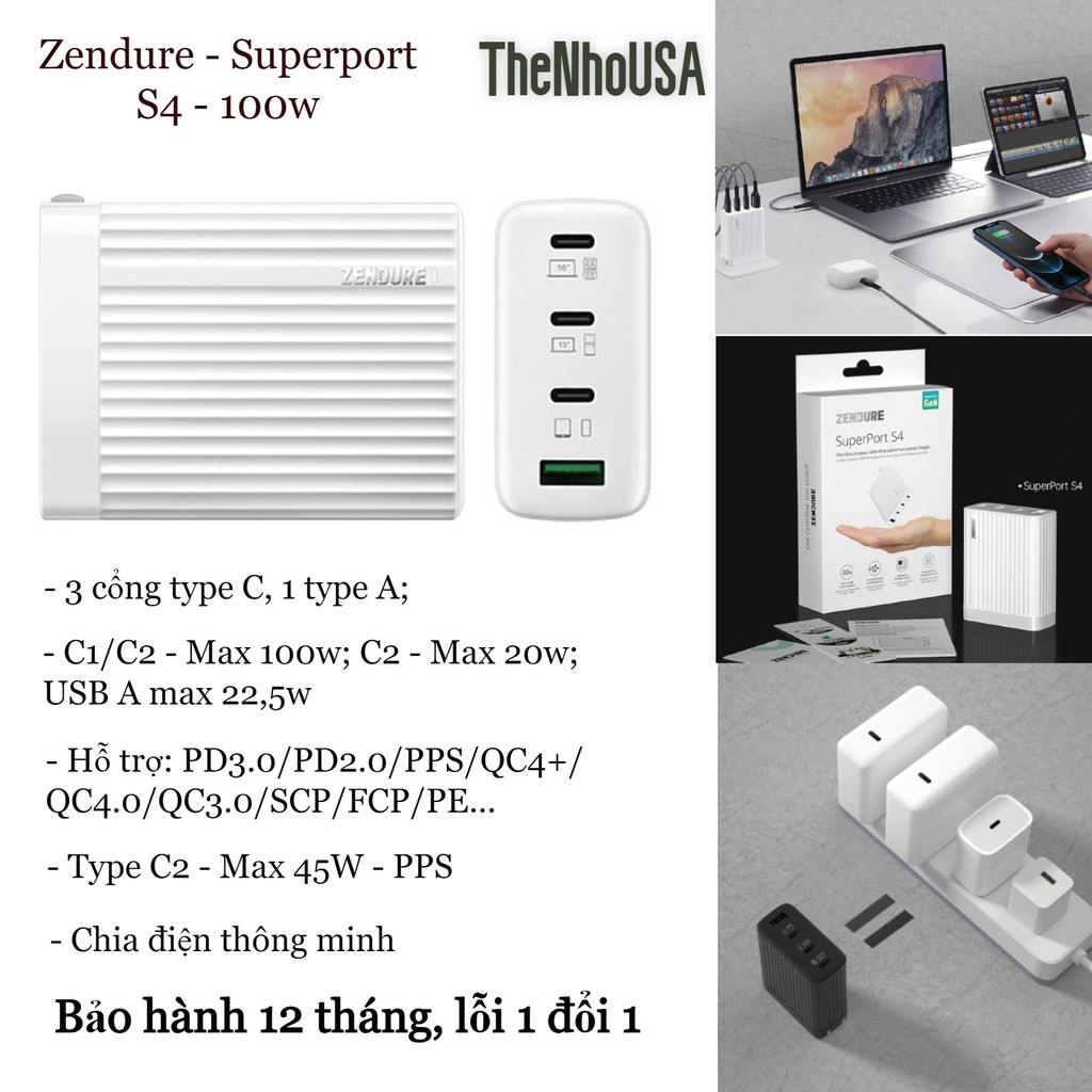 [Mã 11ELSALE hoàn 7% đơn 300K] Sạc nhanh Zendure Superport S4 - 100W [3 Type C + 1 Type A] - BH 12 Tháng