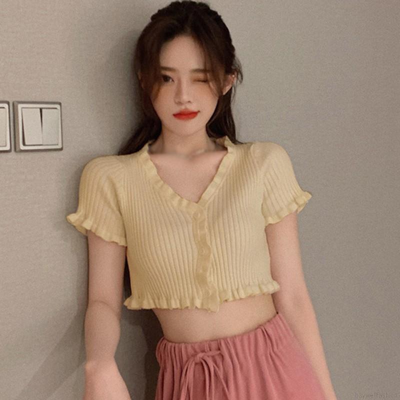 [Baywellfashion]Áo dệt kim nữ xẻ cổ chữ V tay ngắn phong cách thời trang quyến rũ | BigBuy360 - bigbuy360.vn