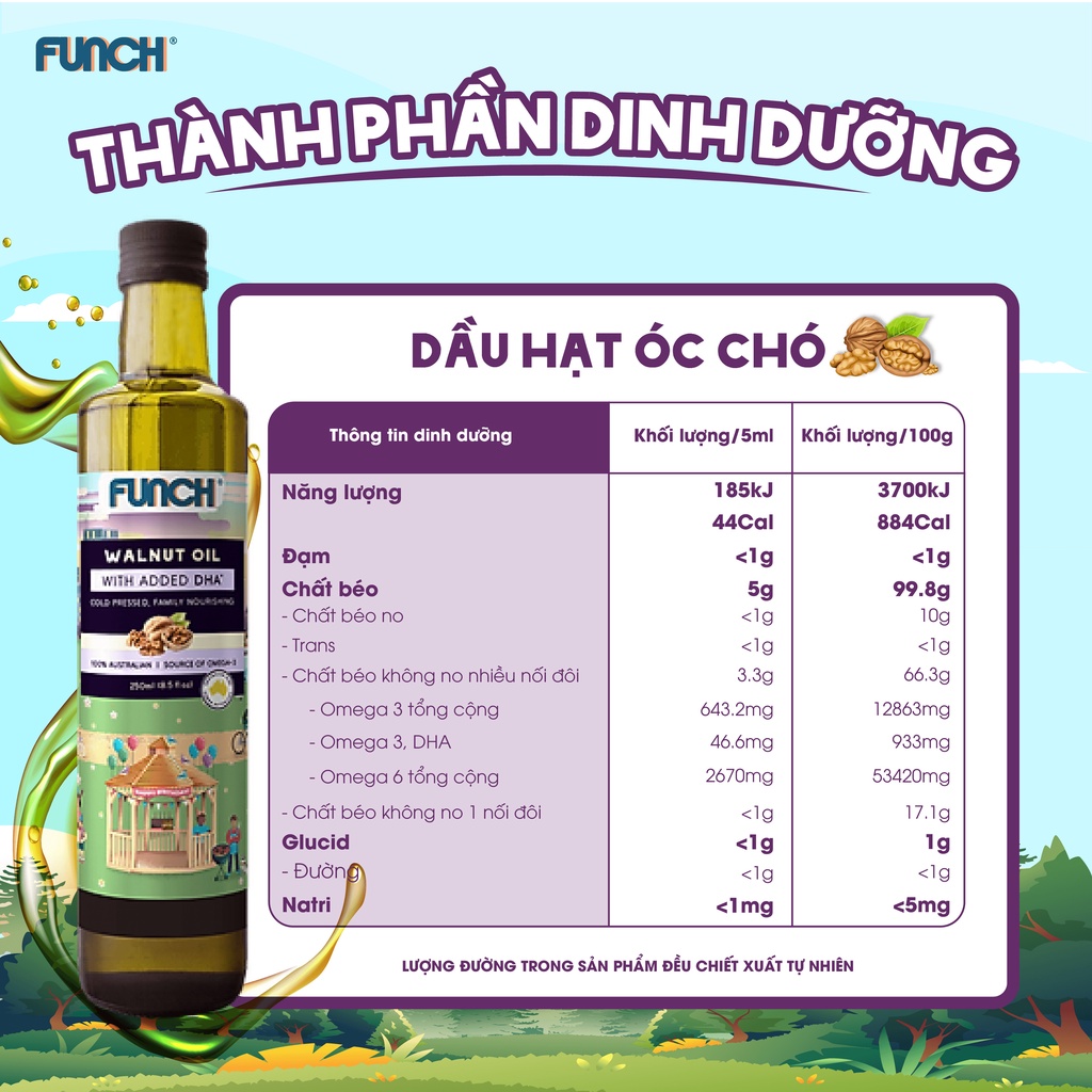 (Date 15/06/2023) Dầu Hạt Óc Chó Ép Lạnh FUNCH Bổ Sung DHA Omega-3 Chai 250ml