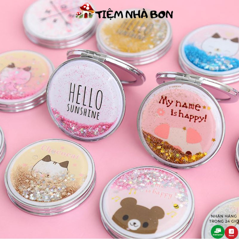 Gương mini 2 mặt gấp gọn có nhũ, Gương trang điểm mini 2 mặt nhũ kim tuyến lấp lánh