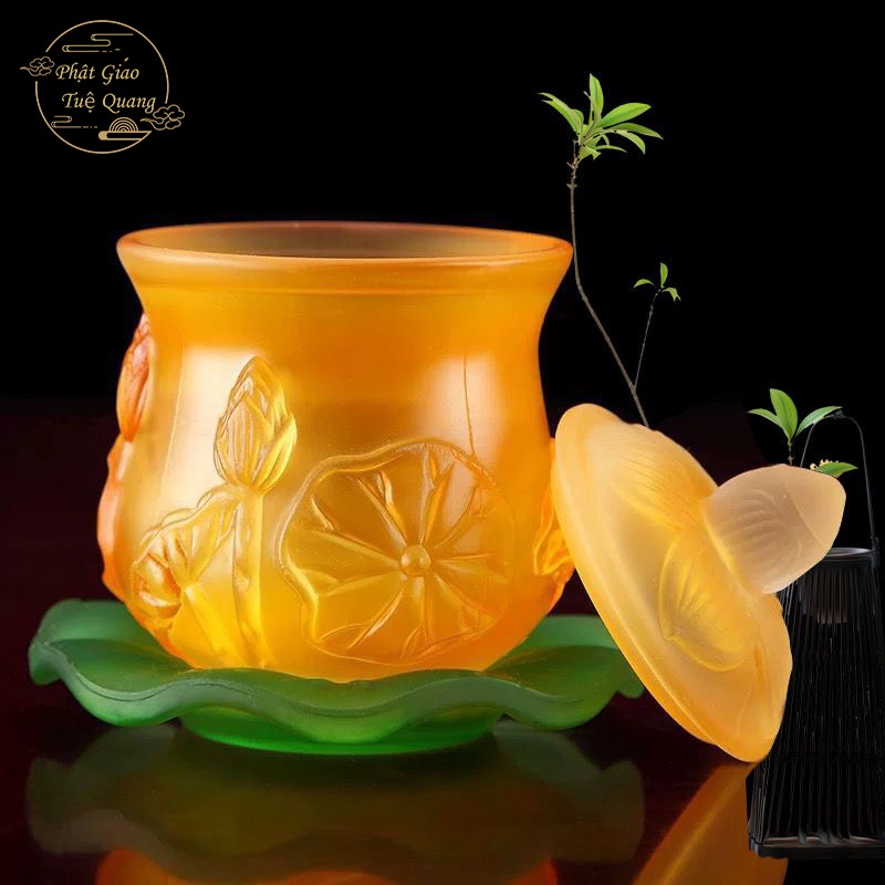 Bộ Thờ Cúng Bình , Lư , Dĩa, Chun , màu vàng lưu ly Cao Cấp - Phật Giáo Tuệ quang