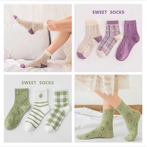 Vớ cotton cổ cao phối ren họa tiết kẻ sọc dễ thương thời trang cho nữ
