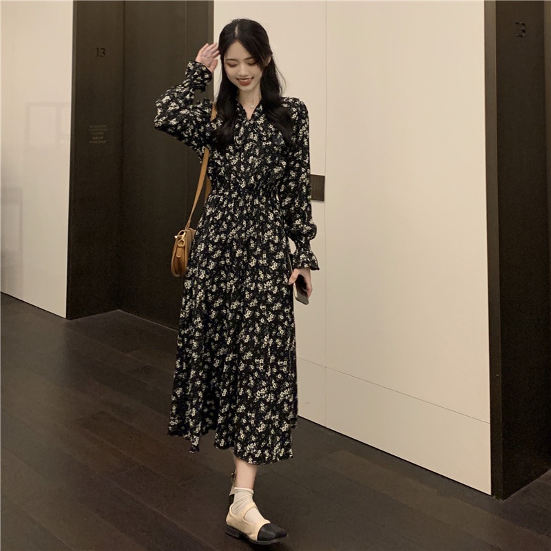 Đầm voan hoa tiểu thư dáng dài phối nơ cổ