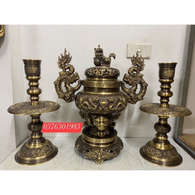 Bộ Đỉnh thờ lư thờ bằng đồng nguyên chất cao 50 đúc màu giả cổ