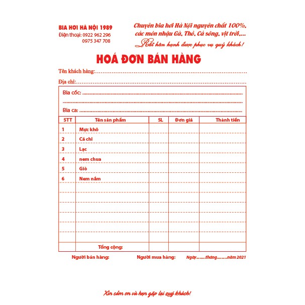 10 quyển HÓA ĐƠN 1 LIÊN A5  IN THEO YÊU CẦU