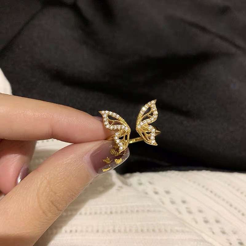 Luxury Korean INS Style Opening Finger Ring Full Rhinestone Butterfly Rings Women Fashion Party Jewelry Elegant Exquisite Butterfly Rhinestone
