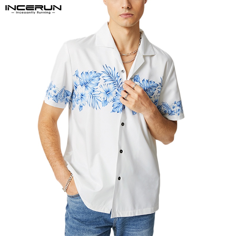 INCERUN Áo Sơ Mi Ngắn Tay Họa Tiết In Thời Trang Đi Biển Mùa Hè Cho Nam