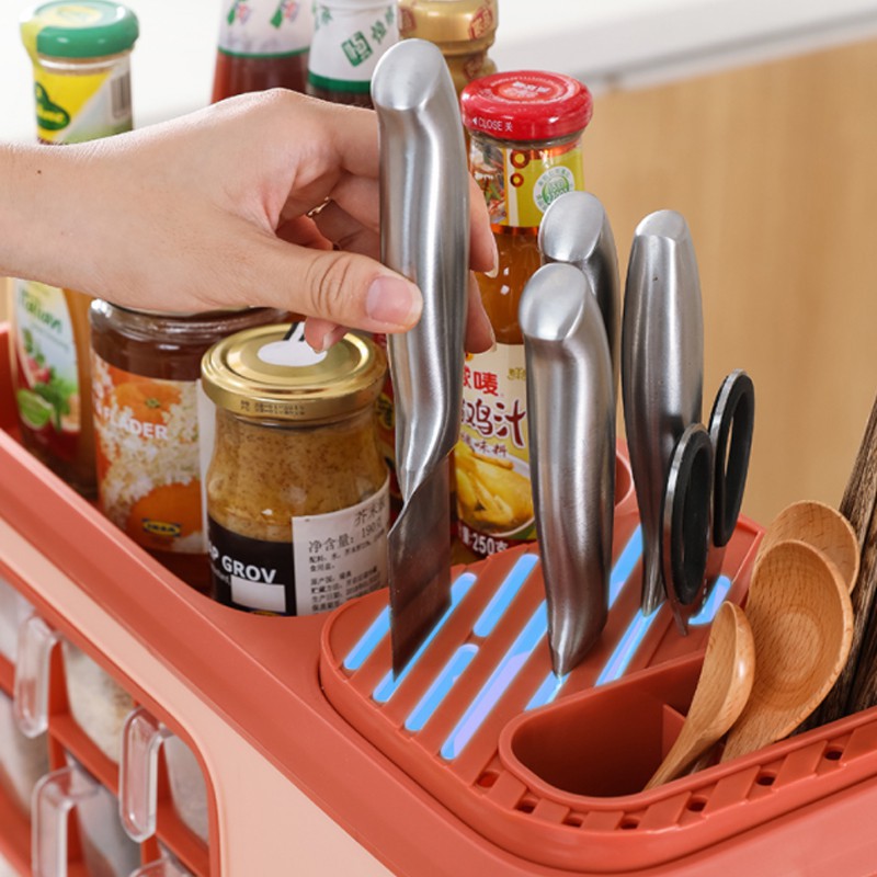 Hộp Đựng- Kệ gia vị nhà bếp kèm giá dao, đũa, thìa, chất liệu nhựa cao cấp có 6 ngăn đựng gia vị, cài dao, kéo, đũa thìa