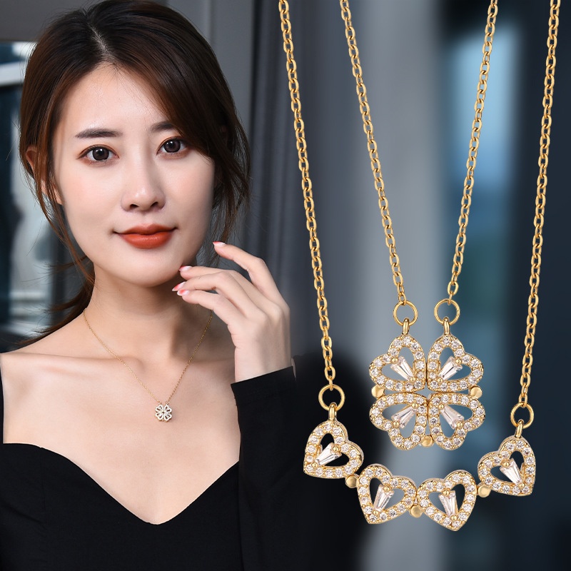 Vòng cổ Hình Cỏ Bốn Lá Đính Đá zircon Hình Trái Tim Dạng Mở Dành Cho Nữ