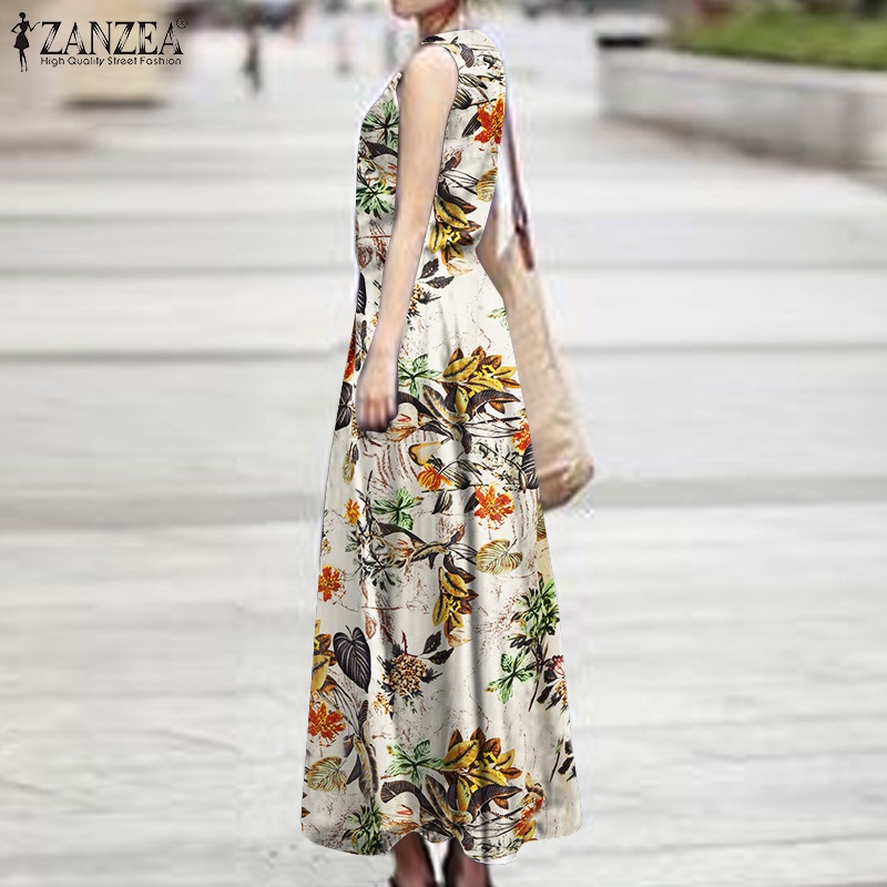 Zanzea Đầm Dây Rút Không Tay In Họa Tiết Thời Trang Nữ