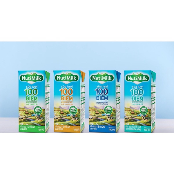 Lốc 4 hộp NutiMilk Sữa tươi 100 điểm - Sữa tươi tiệt trùng 180ml (Có đường, ít đường)
