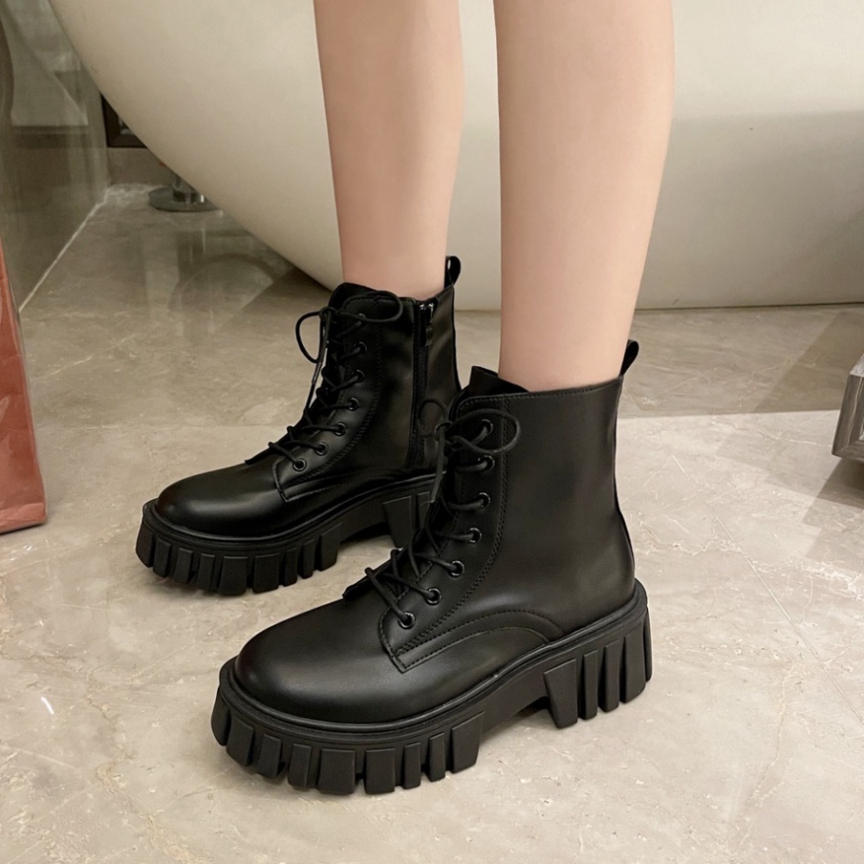 Giày bốt da cổ cao đế dày mũi tròn, Giầy boot Martin cao gót ulzzang Hàn Quốc thời trang dành cho nữ, khóa kéo Box