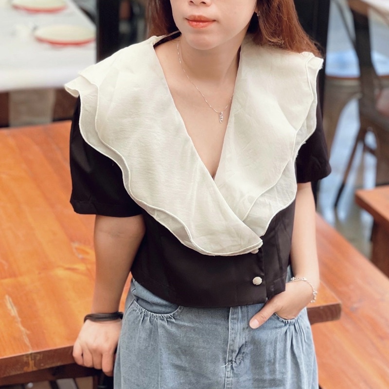(HÀNG SẴN - HÌNH THẬT) Áo sơ mi dáng Croptop tay ngắn cách điệu - Áo Blazer cổ V voan 2 lớp