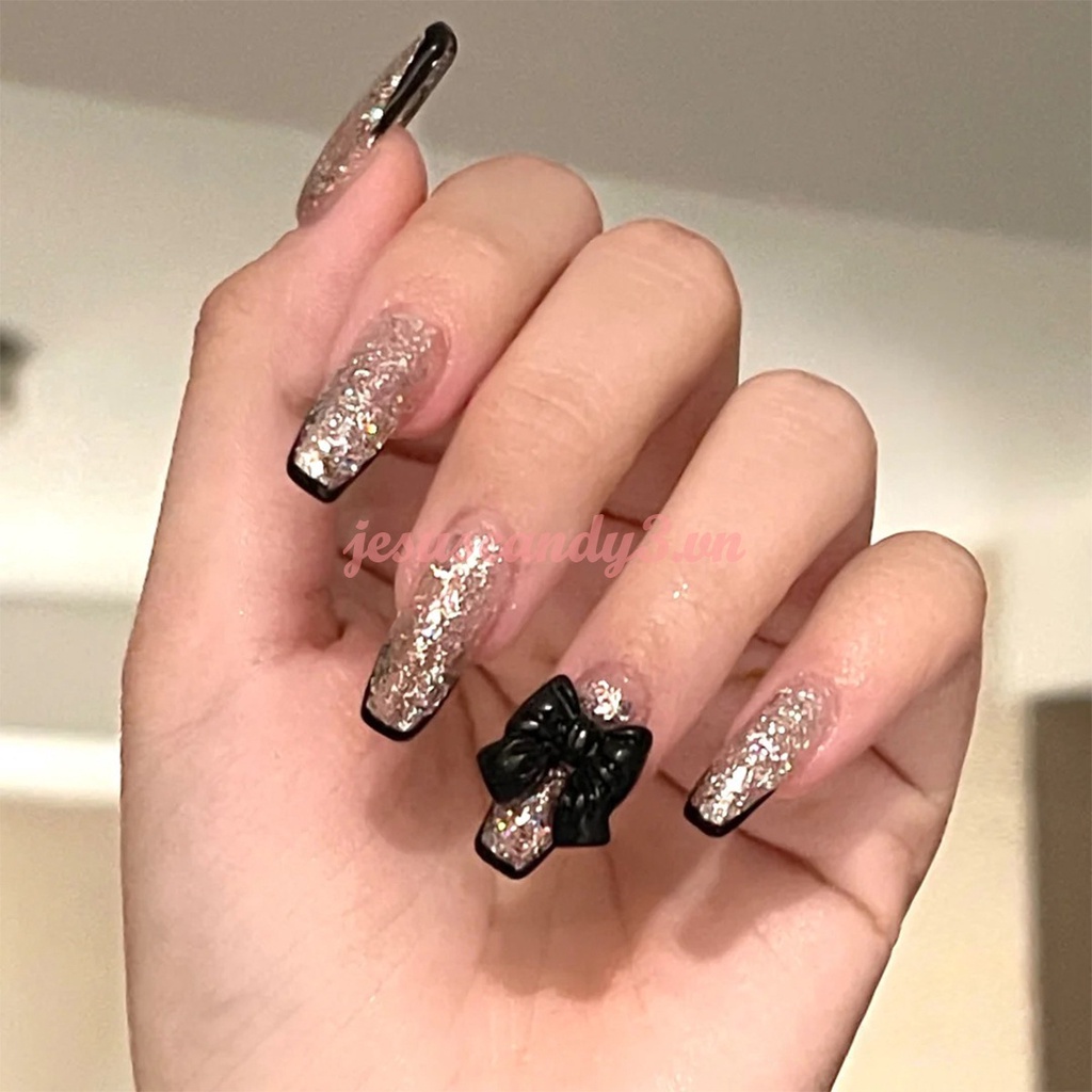 Bộ 24 móng tay giả màu vàng đen sáng bóng đẹp mắt