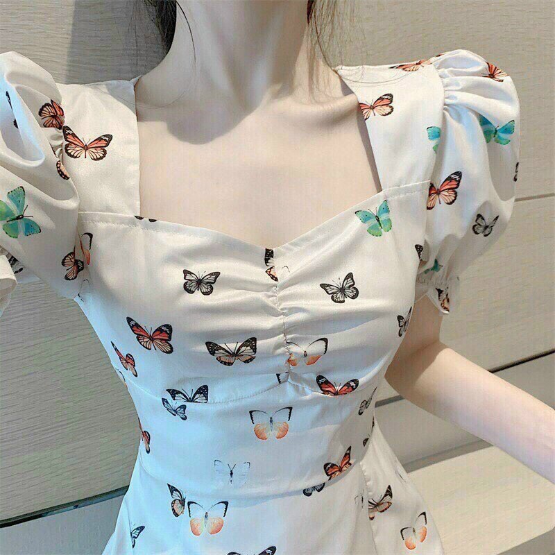 Đầm nữ in hoa xẻ tà tay phồng nhún ngực phong cách trẻ trung ( có mút ngực ) | BigBuy360 - bigbuy360.vn