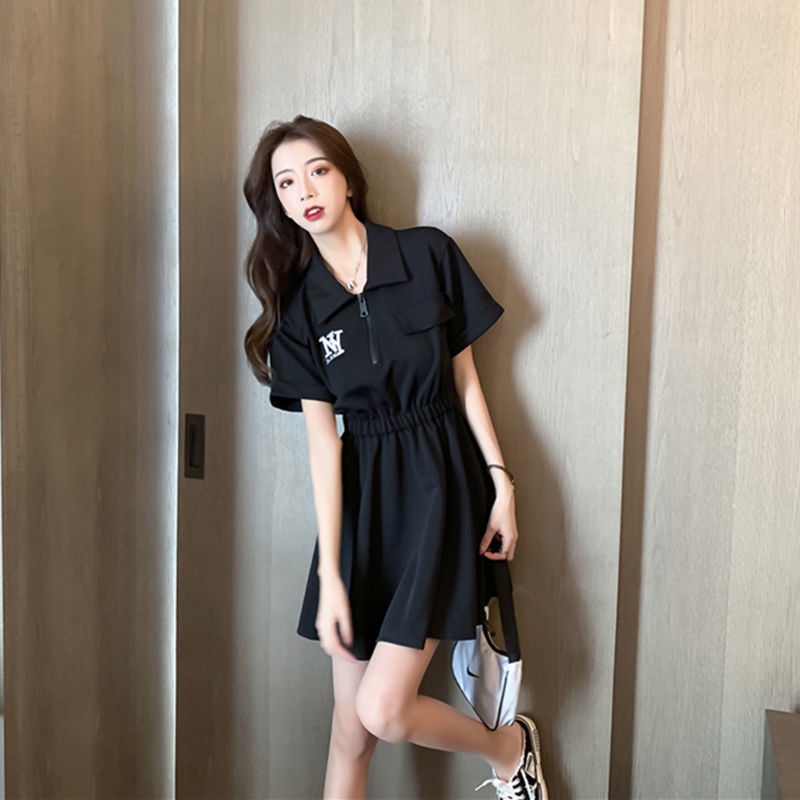 Black dress women's summer 2022 new Korean style temperament slim embroidered A-shaped short T-skirt polo collar small black skirt