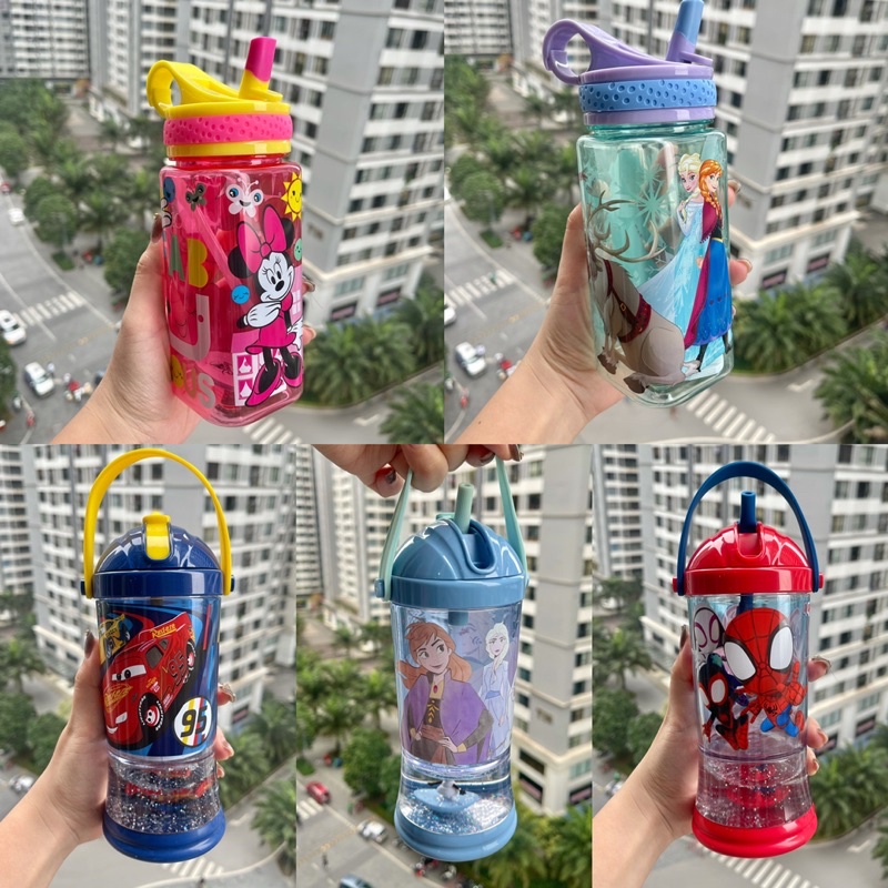 Bình nước có ống hút cho bé hàng nhập Disney Mỹ hoạ tiết Spiderman,Elsa,Minnie,Mcqueen