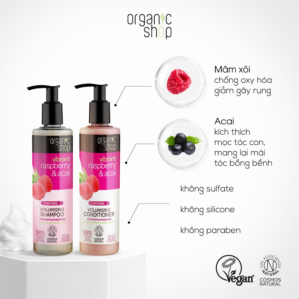 Combo Gội Xả Mâm Xôi (280mlx2) Giảm Gãy Rụng và Tẩy Tế Bào Chết Da Đầu Quả Sung (75ml) ORGANIC SHOP