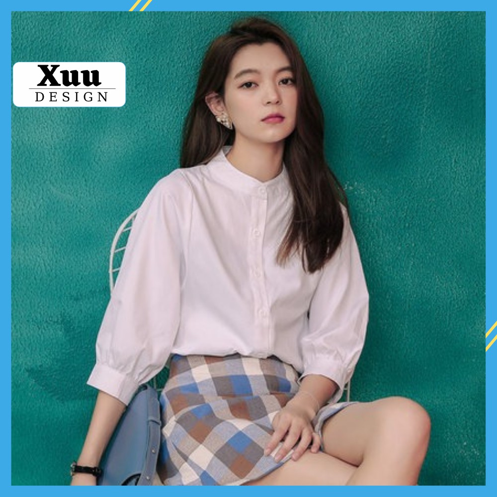 Áo Sơ Mi Nữ Trắng tay bồng Xuu Design, Áo nữ kiểu cổ tàu dáng basic chất mềm mát SM11