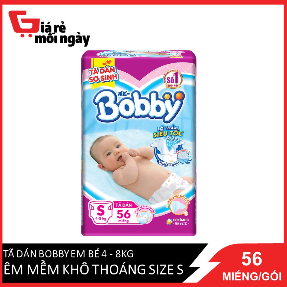 Tã Dán Bobby Em Bé 4 - 8kg Êm Mềm Khô Thoáng Size S 56 Miếng