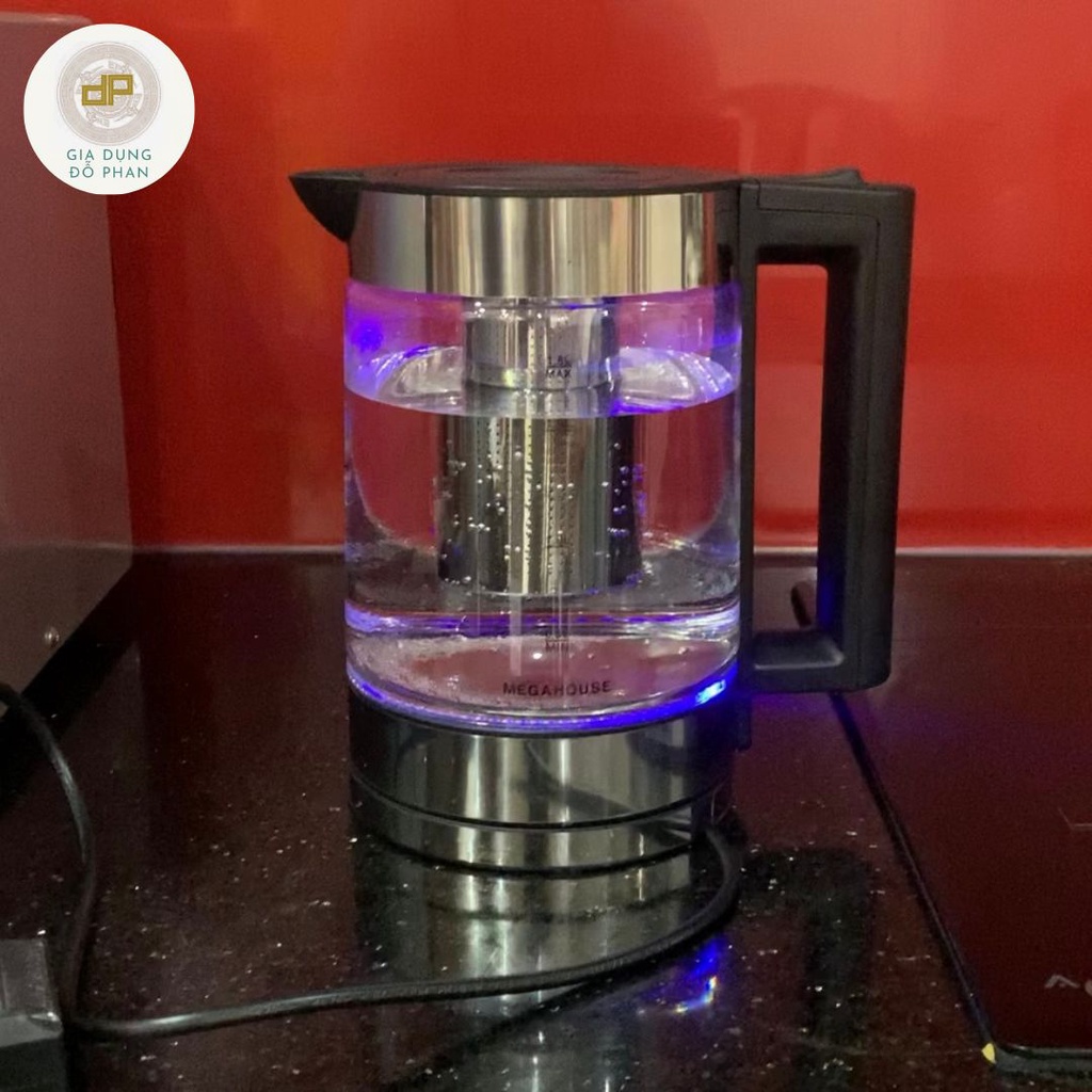 Ấm siêu tốc 1.8L thủy tinh chịu nhiệt 400 độ có lưới lọc inox 304 MEGAHOUSE - M166 kính cường lực, đèn led, sôi tự ngắt