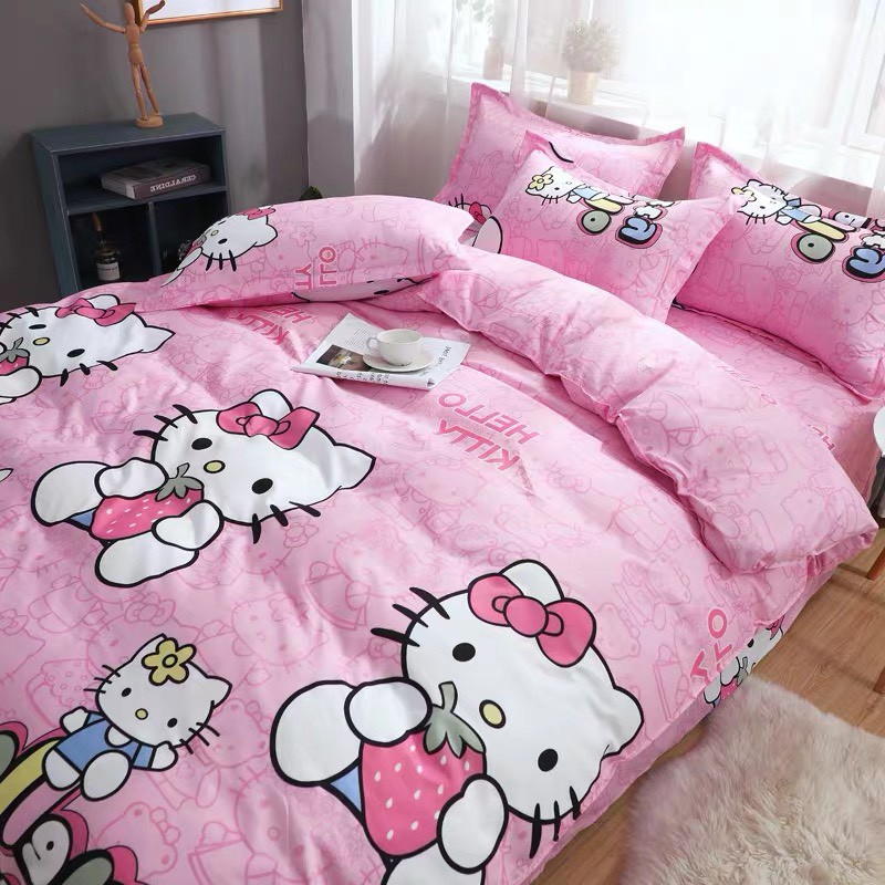 Bộ chăn ga gối cotton poly Lidaco decor phòng ngủ vintage - Kitty Hồng ( SP001112)