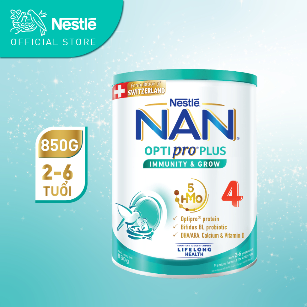 Sữa bột Nestlé NAN OPTIPRO PLUS 4 850g/lon với 5HMO Giúp tiêu hóa tốt + Tăng cường đề kháng