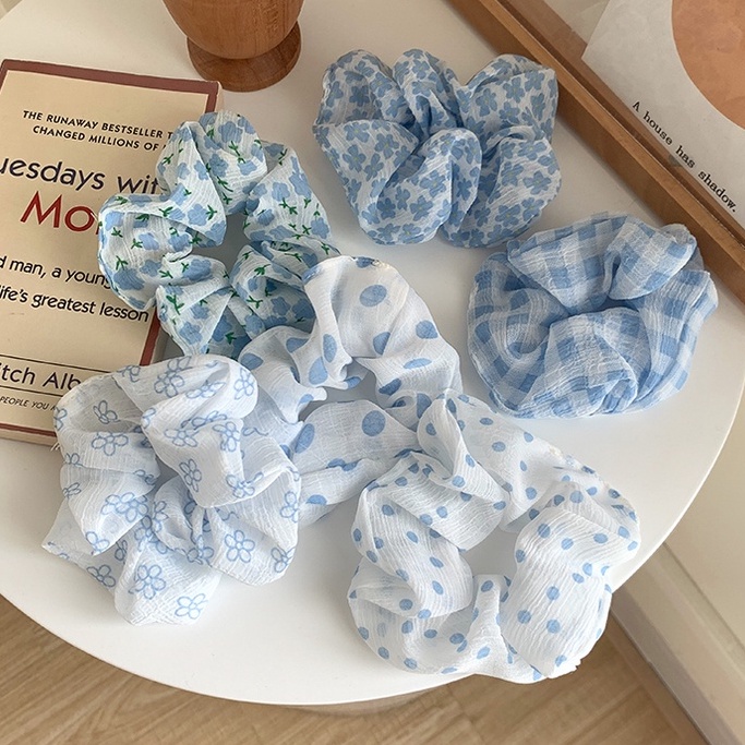 Cột Tóc Scrunchies LIN Họa Tiết Màu Xanh