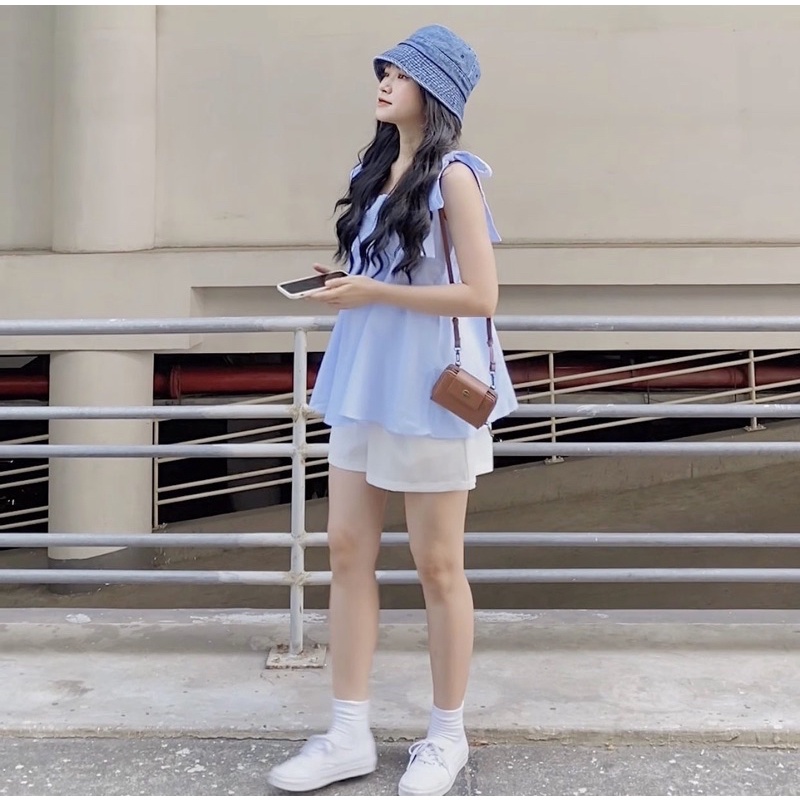 Set Áo Babydoll Buộc Vai Nơ & Quần Đùi Nữ - Hàng Sẵn - Freesize - HULA 훌라 | BigBuy360 - bigbuy360.vn