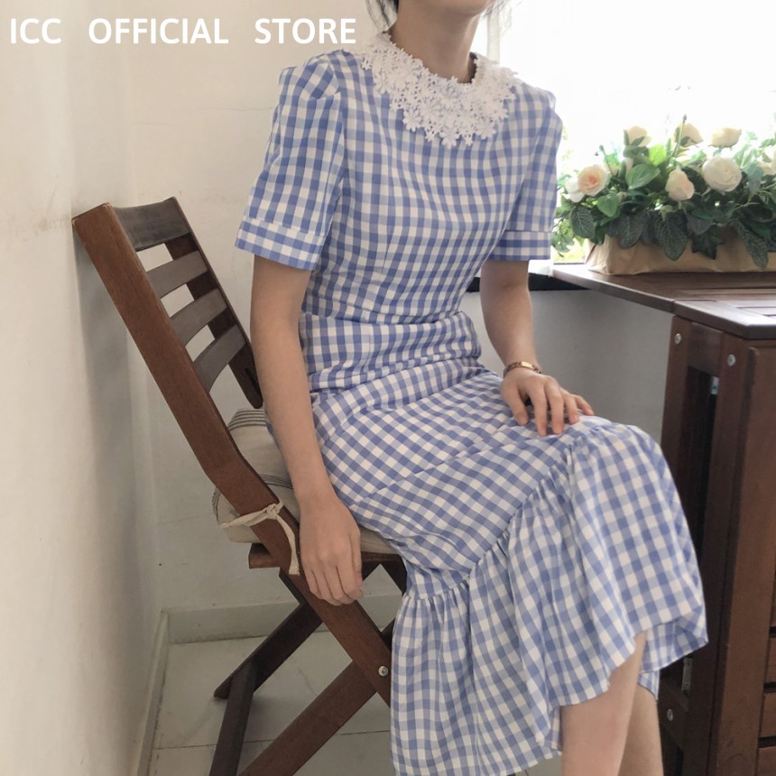 [ORDER] Đầm Caro Cổ Ren - Váy Tiểu Thư Thiết Kế Dáng Dài Thắt Eo Phù Hợp Đi Chơi Dự Tiệc Cưới Xanh Trắng VD107