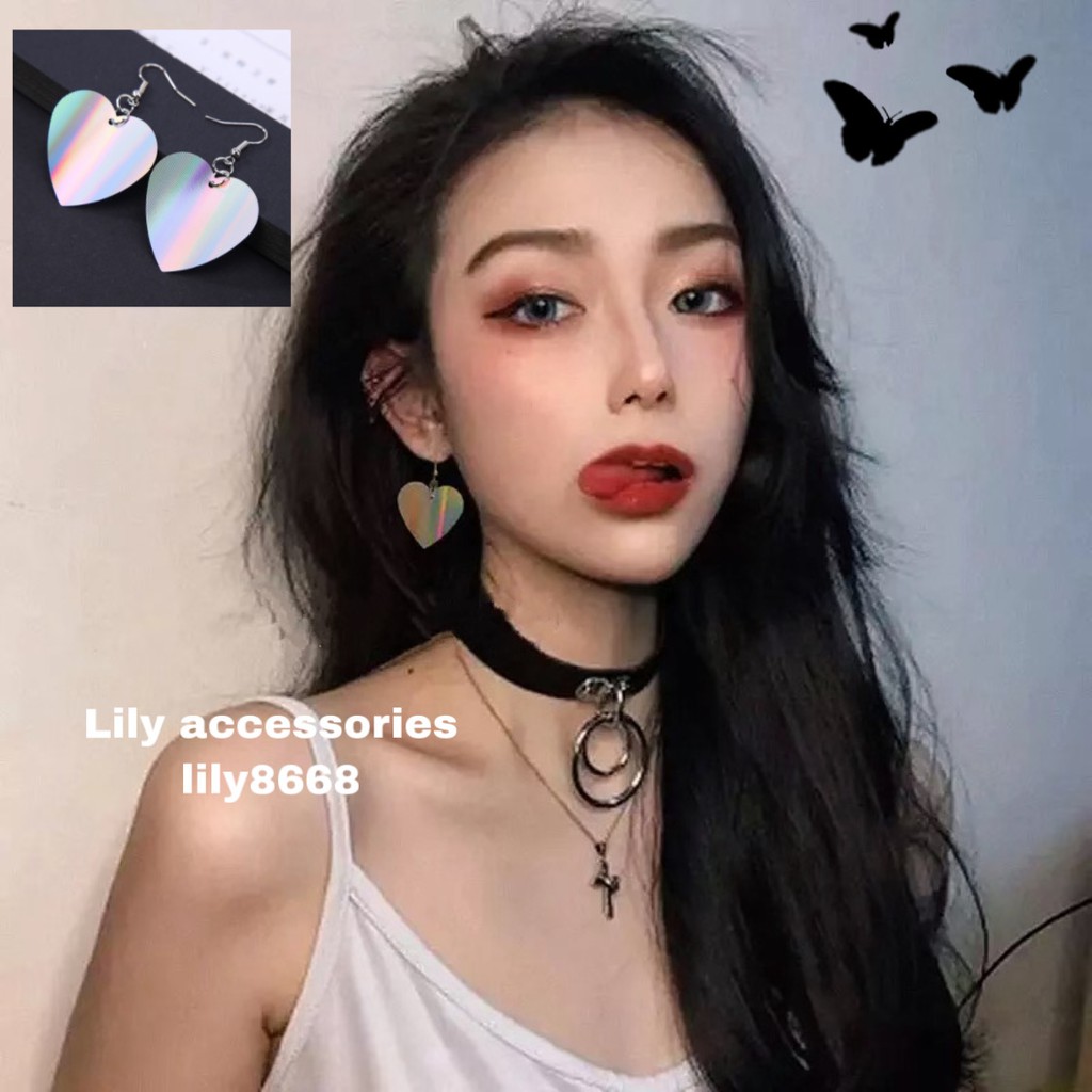 Rainbow Heart Dangle earrings khuyên tai trái tim lấp lánh 7 màu phong cách hàn quốc