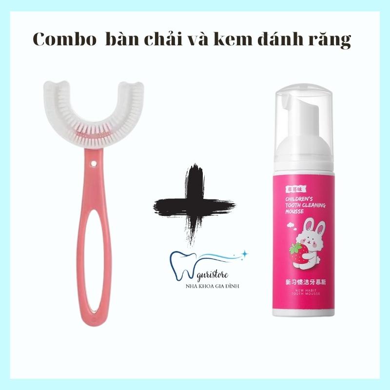 Bàn chải đánh răng chữ U và kem đánh răng tạo bọt cho bé hương vị hoa quả có thể nuốt được cho bé từ 2 đến 12 tuổi