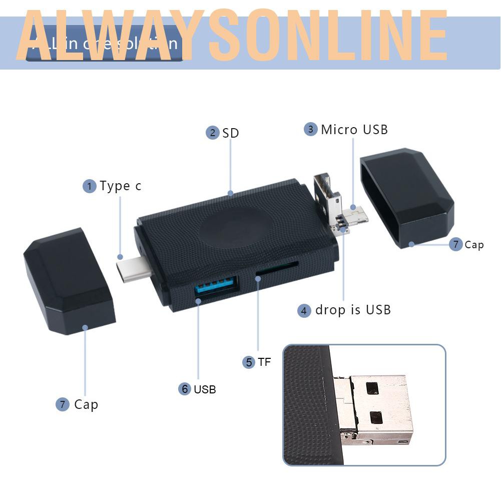 Alwaysonline 6 in 1 USB3.0 Type-C Memory Card Reader OTG Micro USB for Mobile Phone Laptop PC