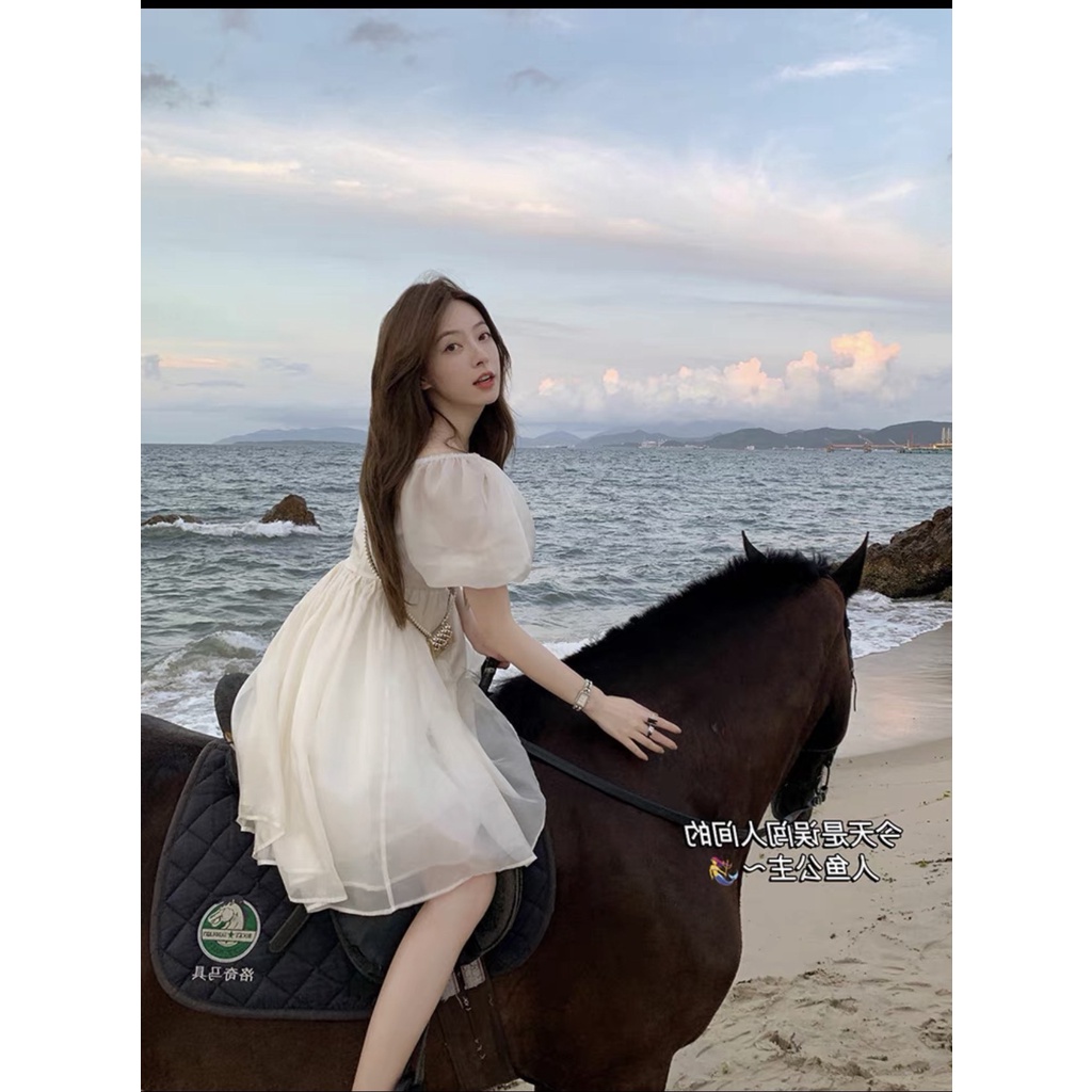 Đầm tiểu thư cổ vuông tay bồng, Váy voan nữ sang chảnh dáng xòe mặc đi chơi đi tiệc