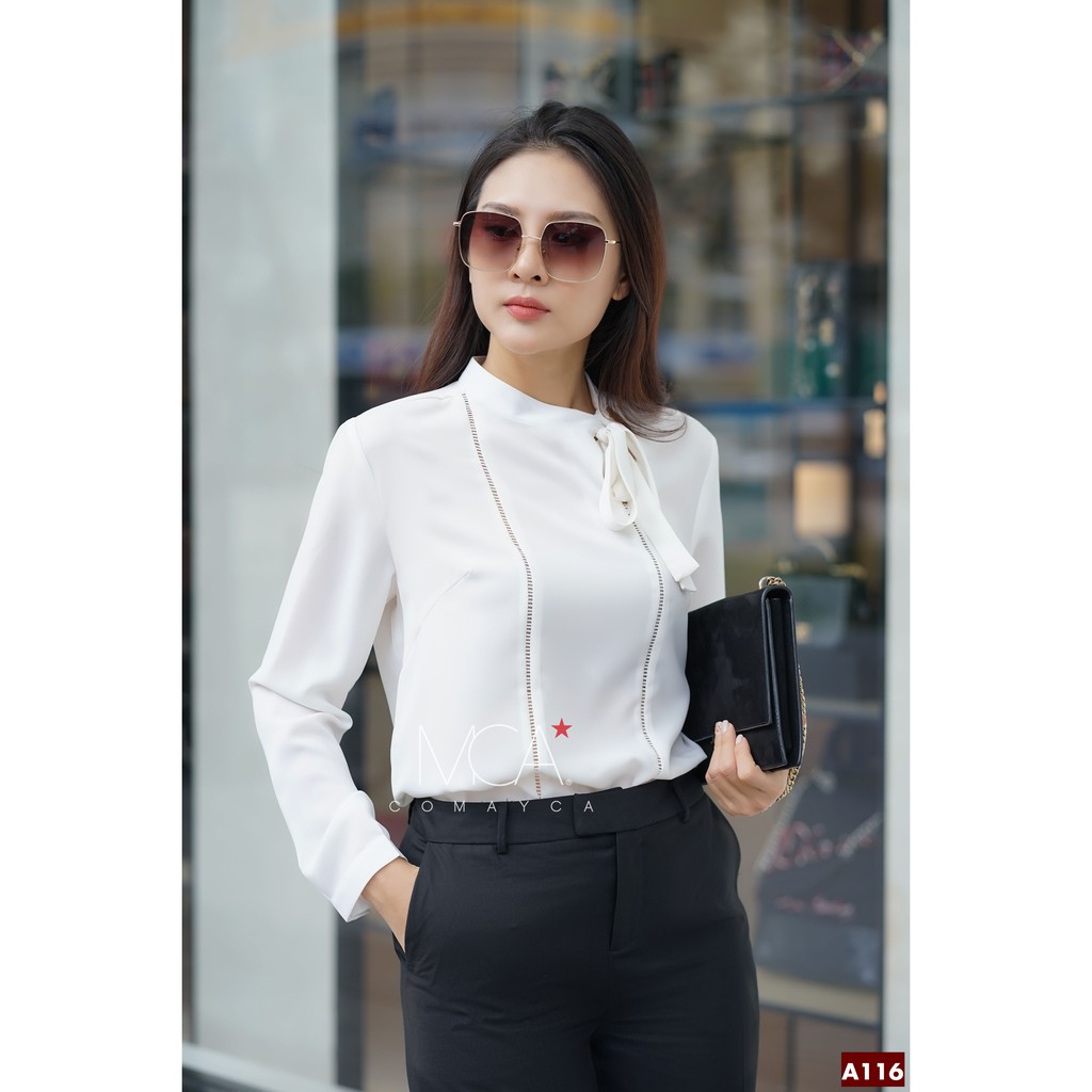 Áo sơ mi nữ hai sọc ren cổ thắt nơ A116