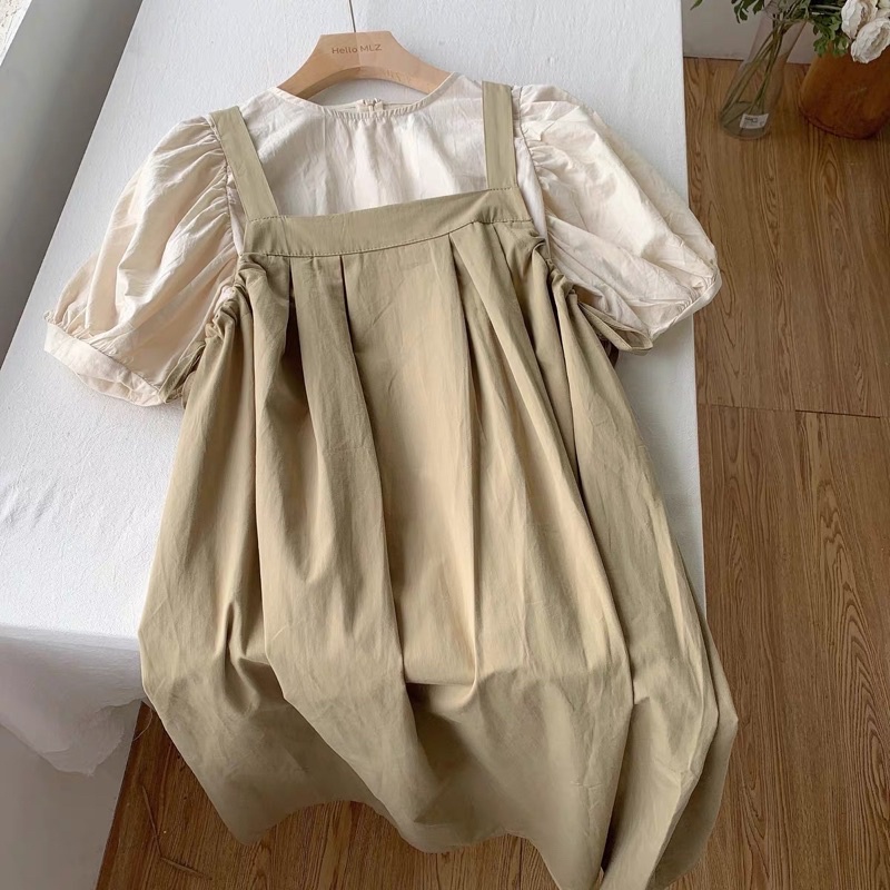 Váy yếm form rộng dáng dài dây bảng to màu nâu tây