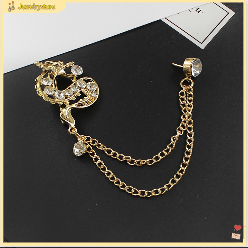 Ghim cài áo hình rồng đính đá phối dây xích phong cách Trung Hoa