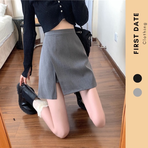 Chân váy chữ A ngắn cạp cao FIRST DATE Chân váy công sở thiết kế trơn xẻ tà mỏng 2 màu xám đen
