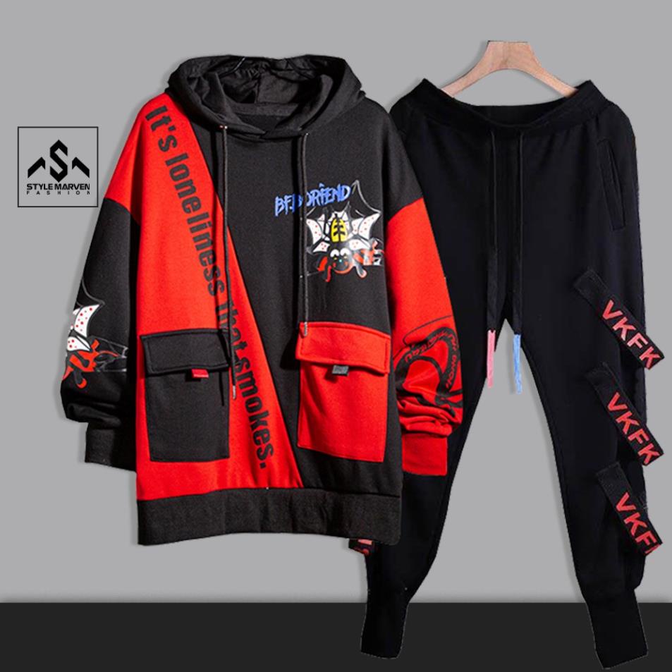 Bộ đồ nam chất thun da cá STYLE MARVEN áo Hoodie túi hộp BF.BORFEND mix quần Jogger dây phối chữ năng động