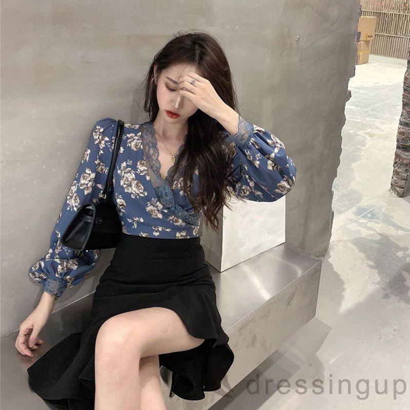 Áo Nữ Tay Dài Cổ Chữ V Họa Tiết Hoa Thanh Lịch