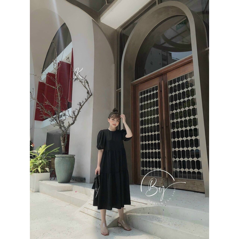 Váy babydoll tiểu thư dáng xòe, đầm trơn màu cổ tròn tay búp dáng dài nàng bầu mặc được đi chơi dạo phố xinh xắn