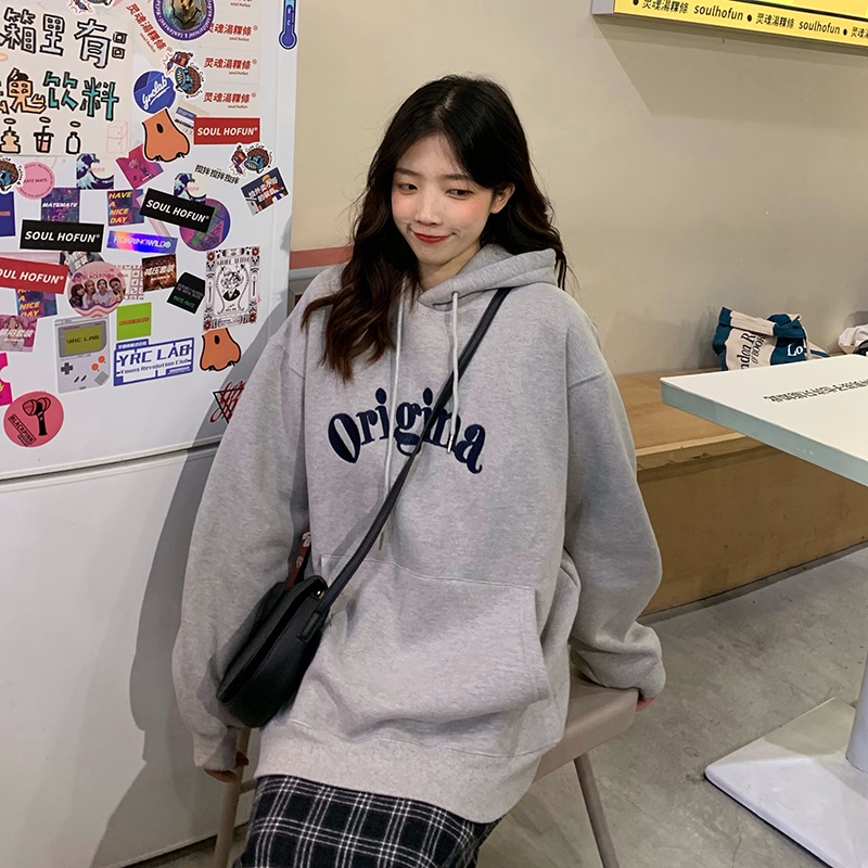 Áo hoodie tay dài dáng rộng in chữ phong cách Hàn Quốc mới dành cho nữ 2021