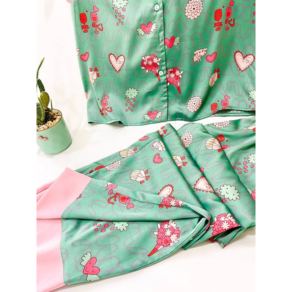 Bộ đồ ngủ nữ Pijama Japan Silk loại lụa nhật áo ngắn quần dài hình trái tim siêu cute