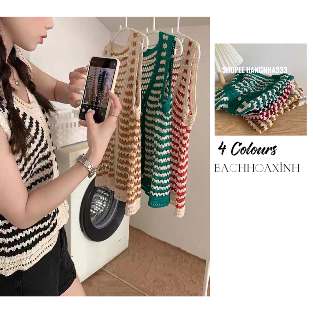 Áo len gile tanktop sát nách dáng rộng cài khuy hoạ tiết sọc ngang nhiều màu vintage