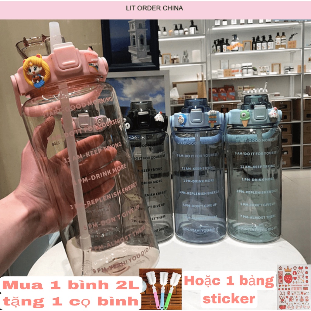 BÌNH NƯỚC NHỰA CAO CẤP 2 LÍT ( 2000ML ) CÓ ỐNG HÚT & STICKER