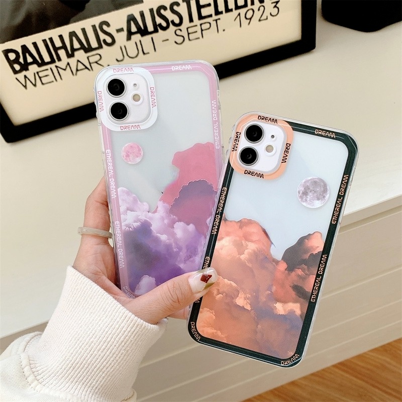 Ốp Điện Thoại Mềm Chống Sốc Họa Tiết Đám Mây Và Mặt Trăng Phong Cách Retro Cho iPhone 13 11 12 Pro Max X XR XS 7 8 Plus
